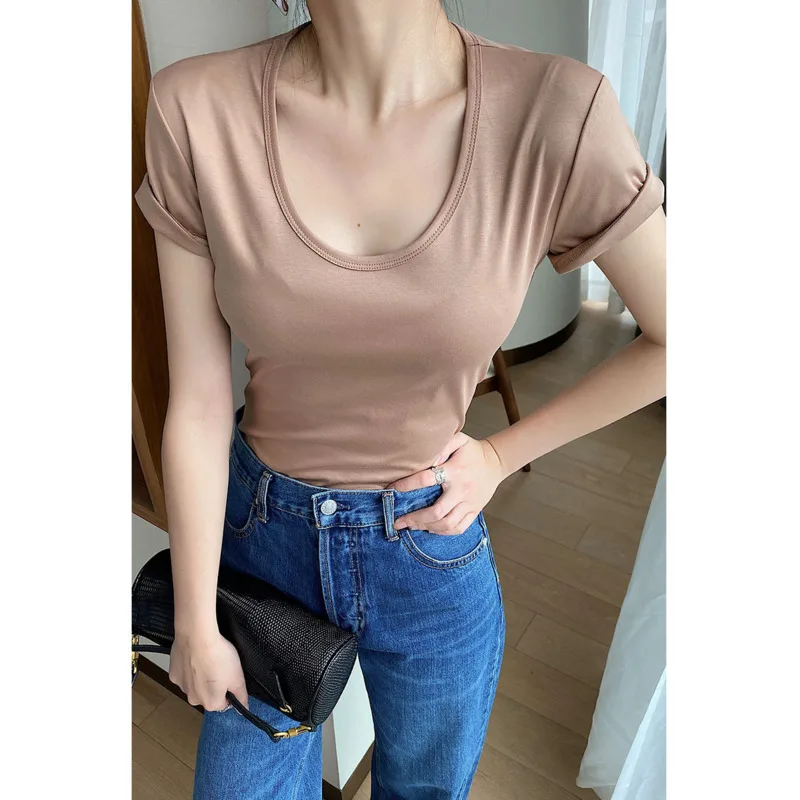 

100% Cotton U Neck Woman Slim AcetateT-shirts High Quality Summer Back Reverse Line Classic Tees Women Solid Tops