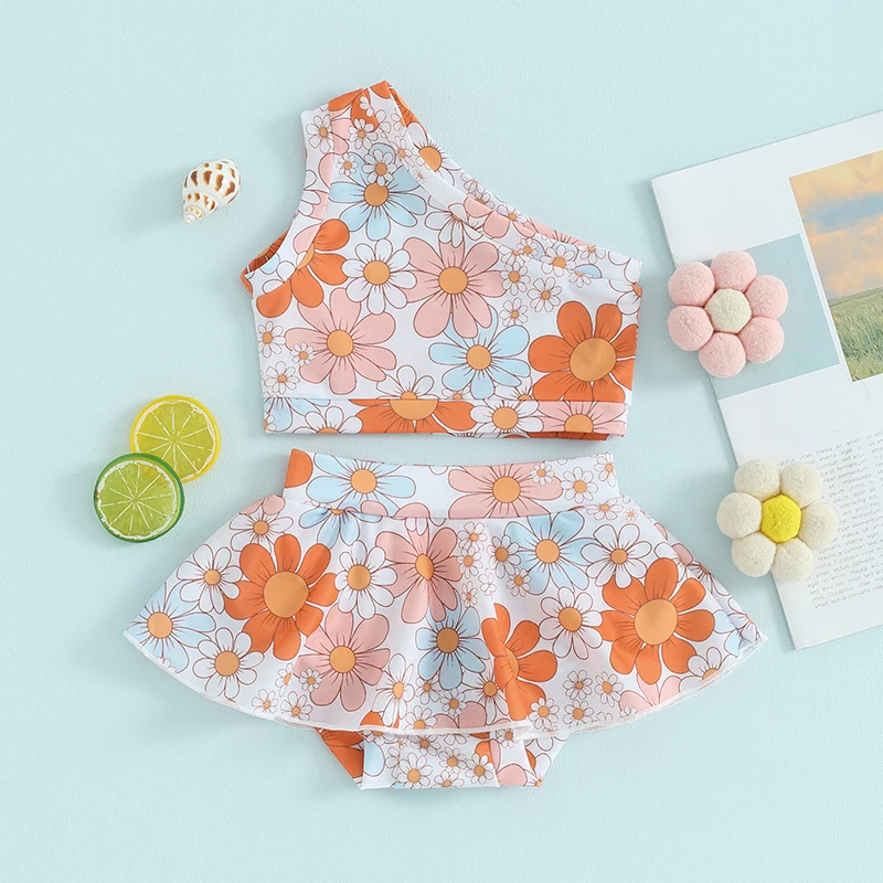 

Txlixc Girls Swimsuit 2 Piece Set One Shoulder Sleeveless Flower Print Tops Elastic Waist Swim Shorts Infant Toddler Summer