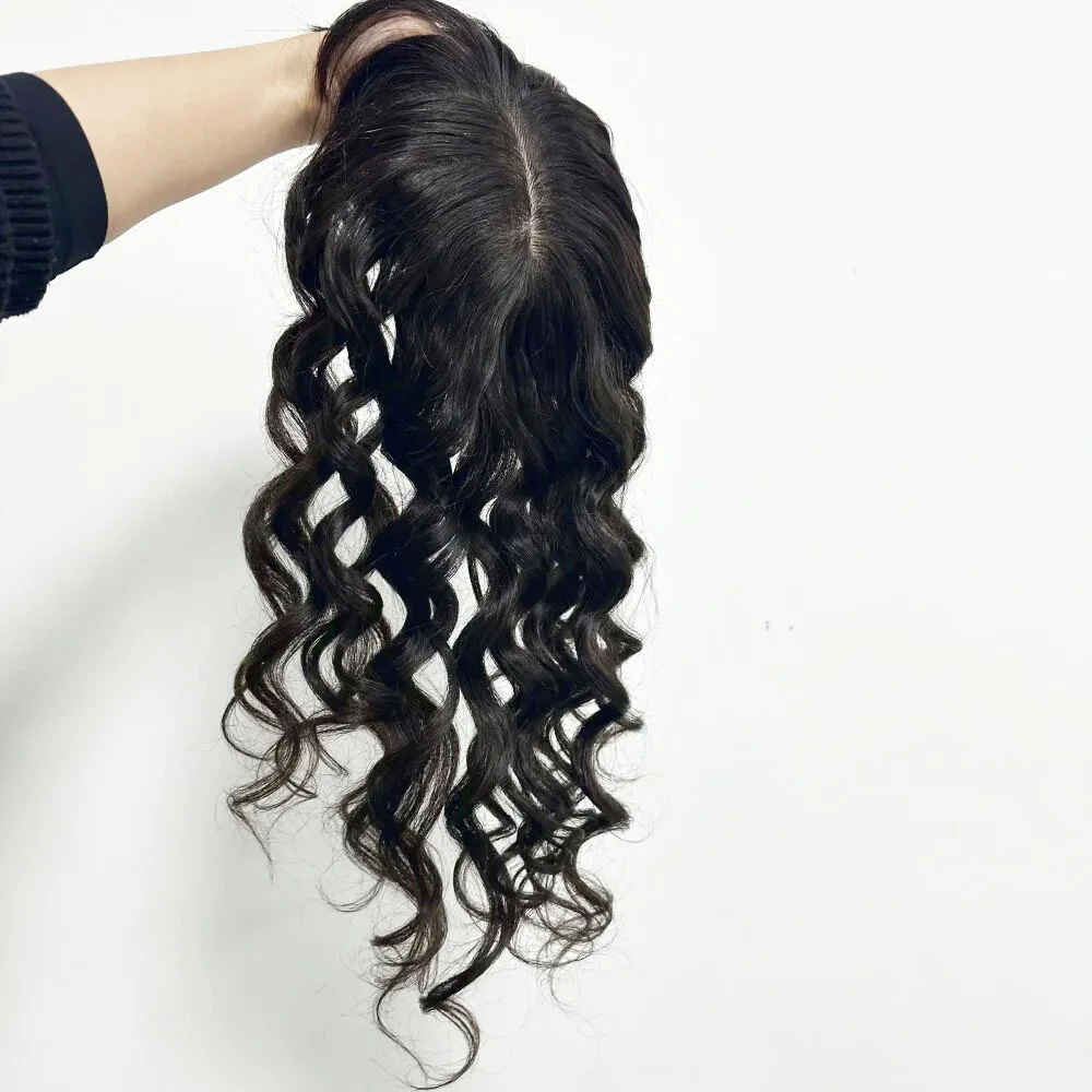 Hair Toppers Curly Human Hair Topper Air Bangs Silk Top Topper Clips In Virgin European Hair Piece Toupee Silk Base for Women 5x5 6x6