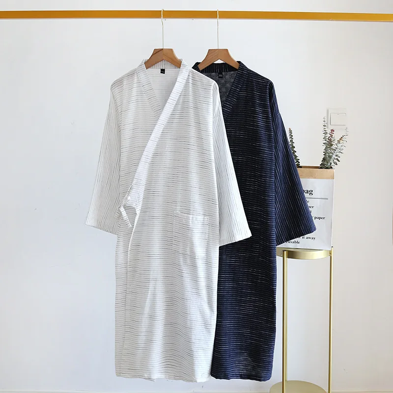 New Style Bathrobe Men's Long Cotton Cloth Spring and Summer Robe Large Size Men's Striped