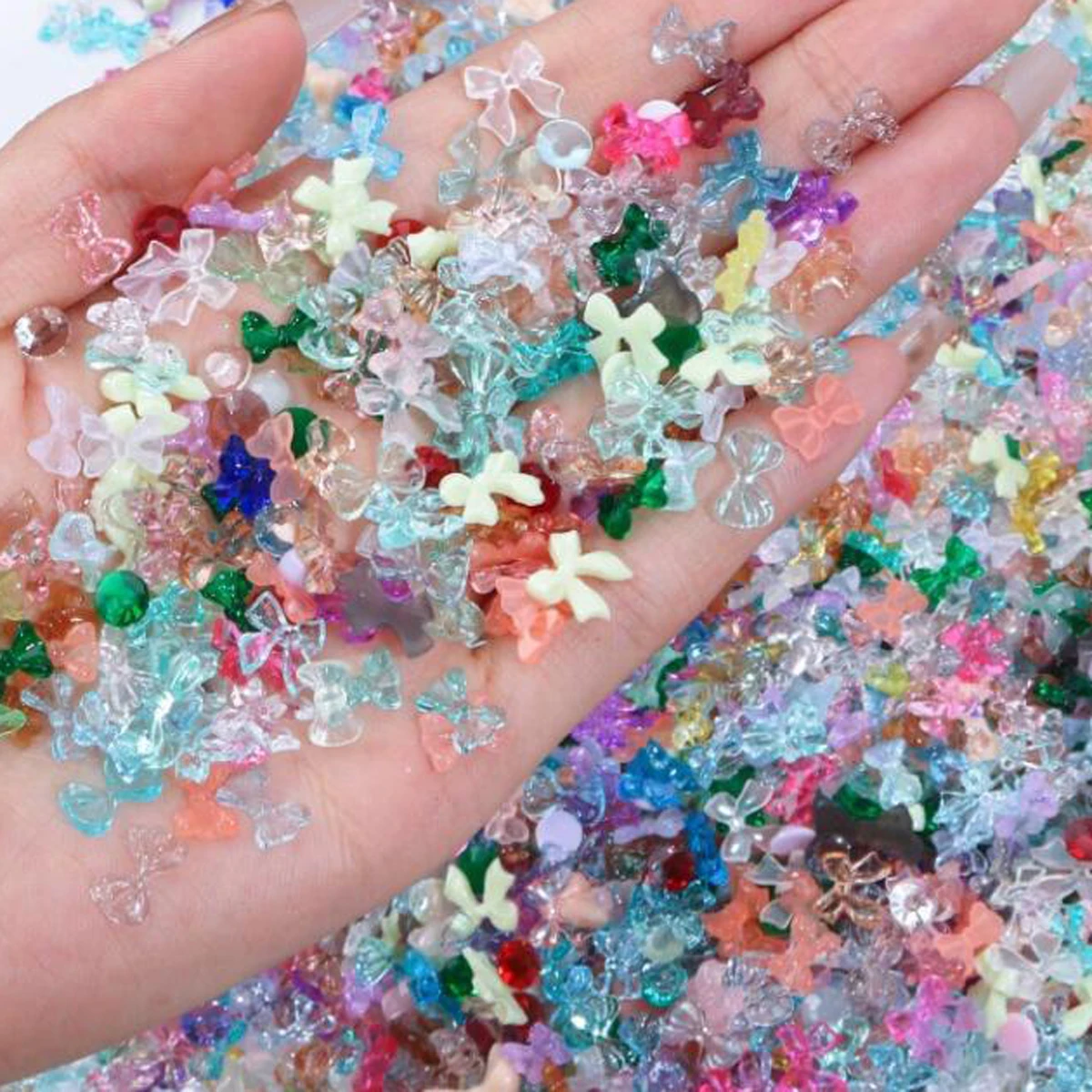 50g/봉투 3D 믹스 오로라 레진 보우/플라워 네일 참 장식 화려한 나비/리본 네일아트 라인스톤 DIY 매니큐어 액세서리