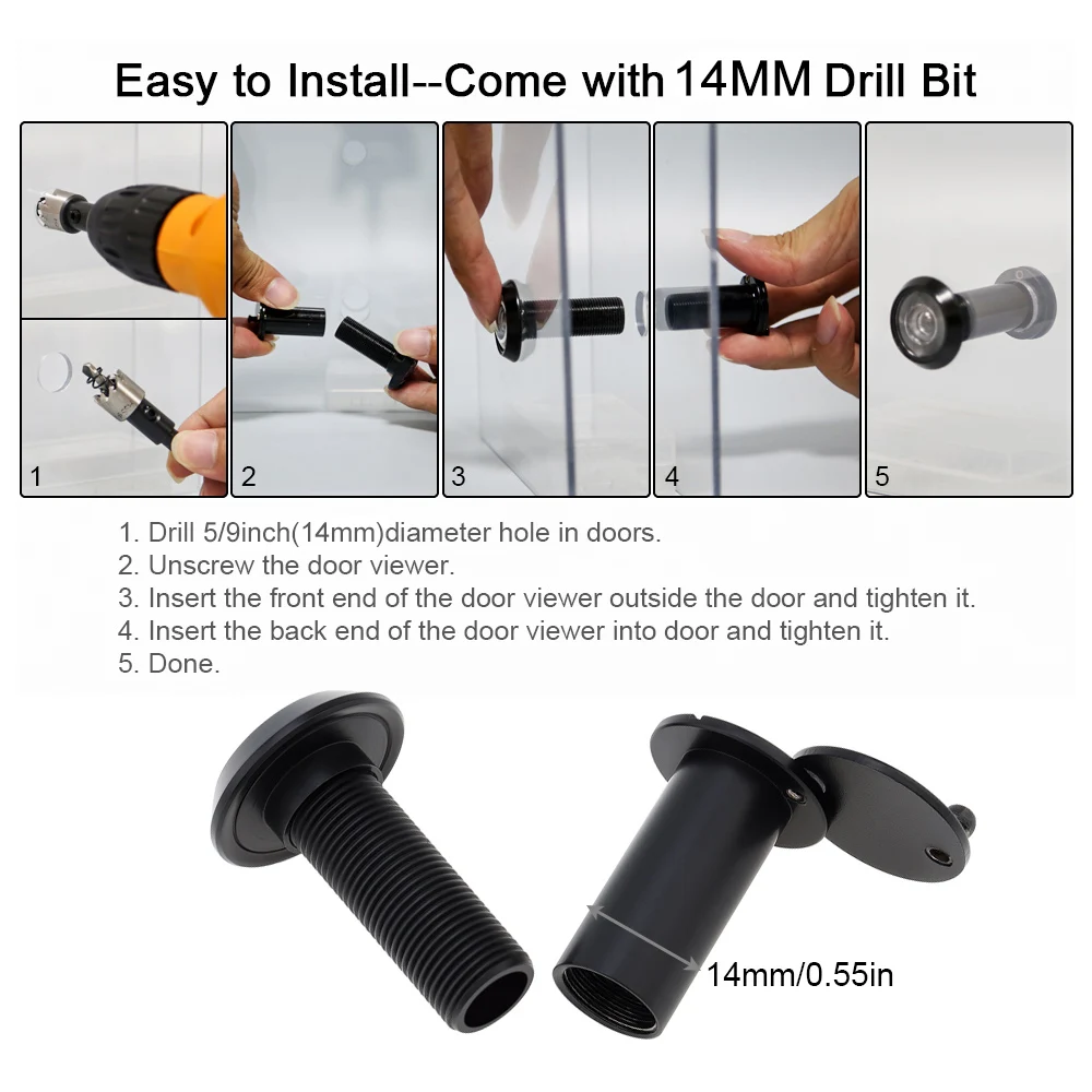Door Peephole 14mm/0.55inch 180 Degree Security Peek Peep Holes HD Door Viewer for 1.3in to 2.3inch Door Thickness