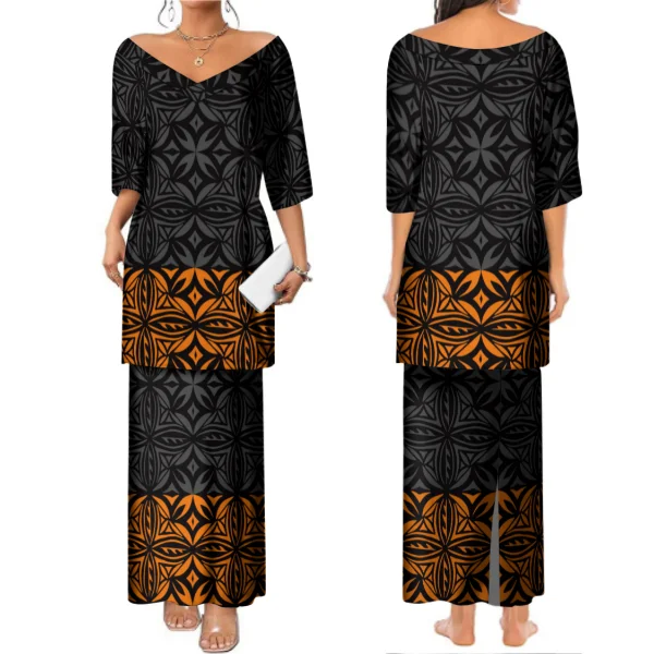 

Wholesale Price Polynesian Hawaii Tribal V-Neck Puletasi Dresses Pacific Island Art Customized On Demand Elegant Puletasi Dress