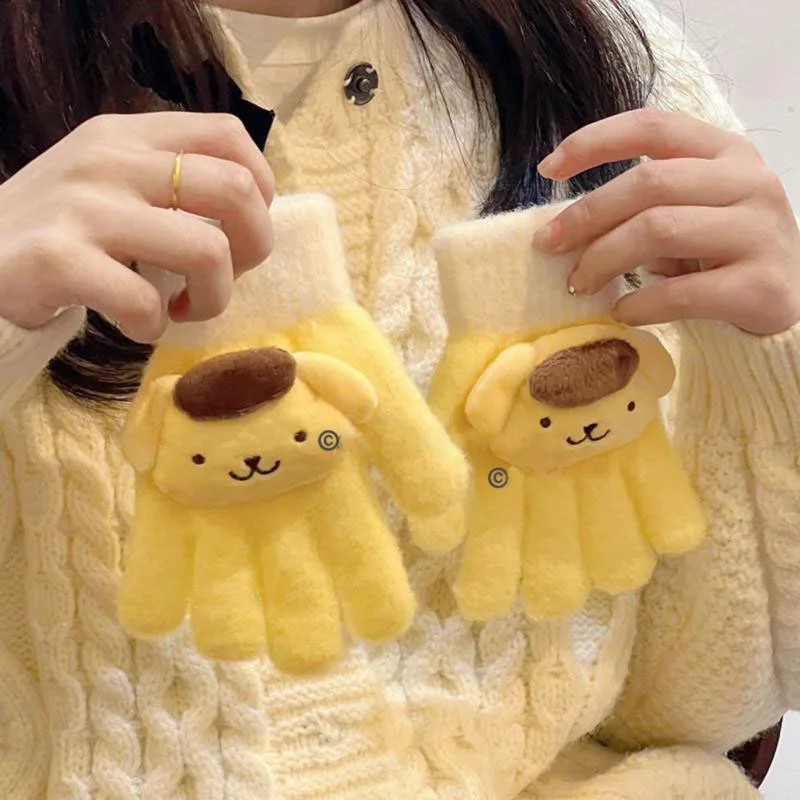 

New Kawaii Cute Sanrio Pompompurin Children Gloves Winter Warm Five Finger Gloves Anime Cartoon Cute Christmas Gift For Children