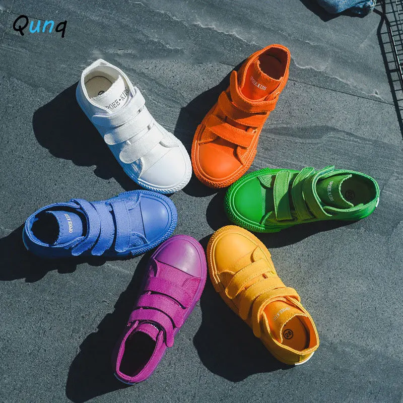 Qunq 2022 Spring Autumn New Children Korean Trend Solid Canvas Tall Shoes Lovely Fashion Breathable Outdoor Sporty Casual Shoes summer baby baseball hats lovely cartoon the outer space bear pattern sun hat for kids boys girls thin quick drying children pea