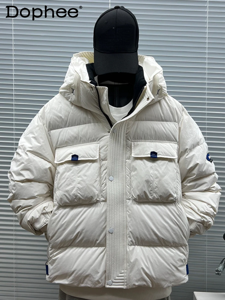

2023 Winter New Trendy Male Hooded Down Jacket Men's Casual Loose All-Matching Fashion Long Sleeve Solid Color Parka Coats