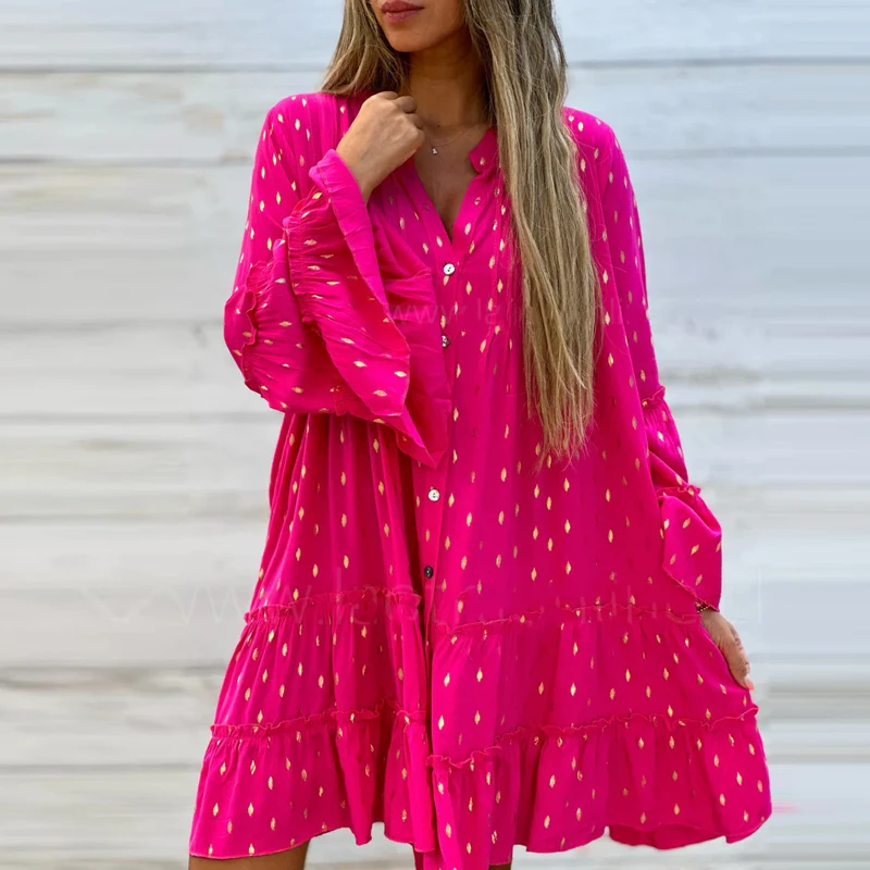 

Women Fashion Polka Dot Print A-Line Dress Elegant V-neck Button Pleated Mini Dress Casual Flare Long Sleeve Loose Party Dress