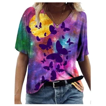 

Tie Dye Butterfly 3D Print T Shirt Women Short Sleeve V-Neck Loose Tops 3XL Plus Size Casual Tee Lady Streetwear Top Summer