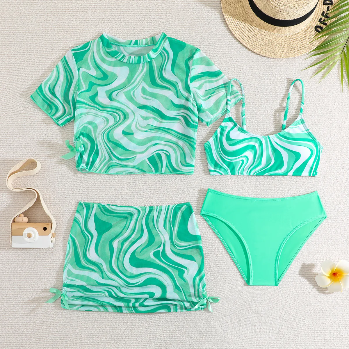 Bikinis Set Top & Skirt 2025 Girls Swimsuit Kids Swimwear Female Children Bathers Bathing Swimming Swim Suit Beachwear 4 Pieces