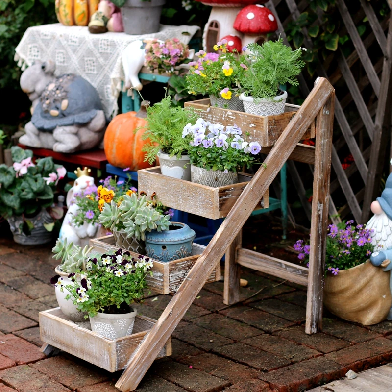Wooden Multi-Tier Plant Stand for Outdoor Floor Standing Flower Shelf for Living Room Balcony Decor Succulent Plant Display Rack
