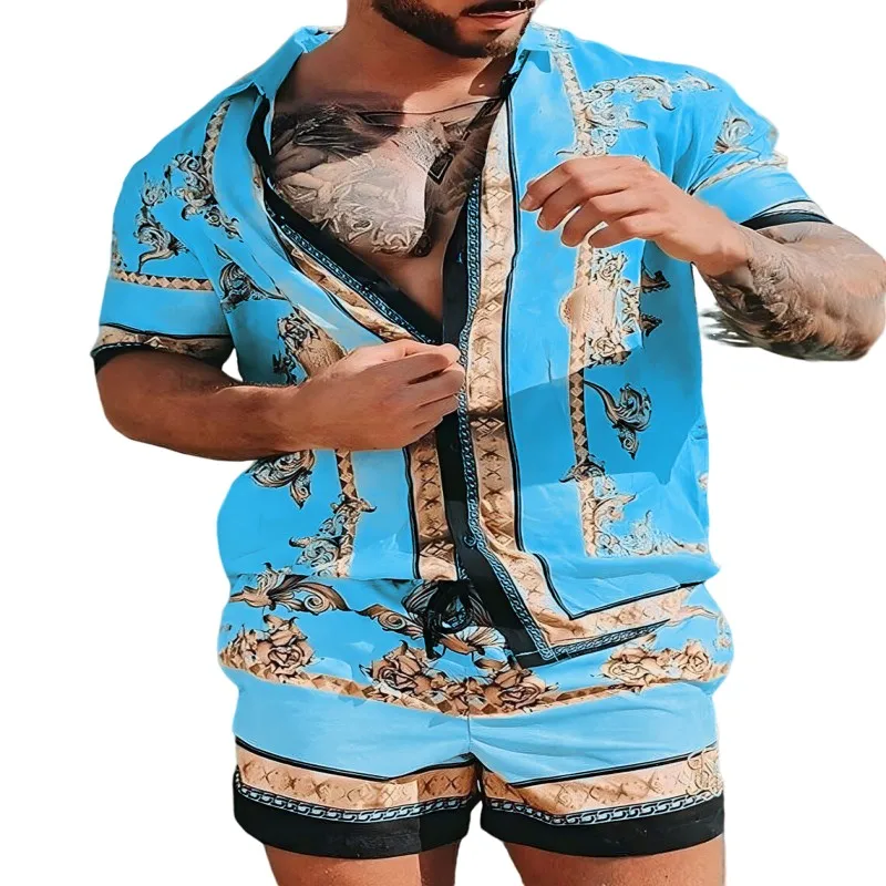 New Men Hawaiian Sets Summer Golden horse Printing Beach Short Sleeve Shirt Shorts Casual Trip Mens 2 Piece Suit S-3XL