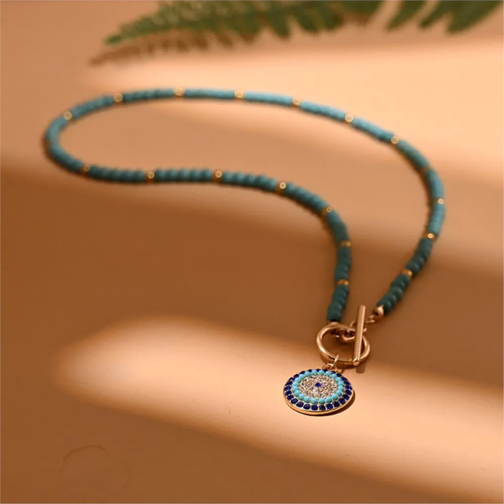 Chic 4mm Colorful Stone Round Evil Charm Pendant Necklace for Women Vintage Boho Style Beads Chain Party Jewelry Daily Wear