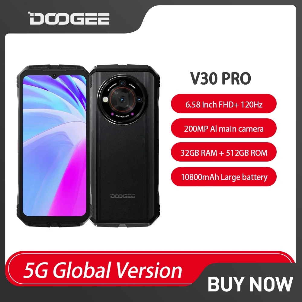 DOOGEE V30 Pro 5G Rugged Phone 32GB RAM+512GB ROM 200MP Dimensity 7050 Mobile Phone 6.58 Inch FHD 120Hz 10800mAh Android 13 NFC