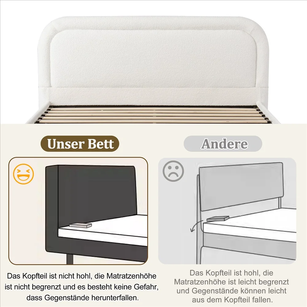 Curly Fabric Bunk Bed Modern Double Bed Hydraulic Adjustable Slatted Base Upholstered Headboard Multifunctional Bedroom Storage