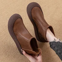 Fall/Winter Genuine Leather Ankle Boots Women Warm Non-Slip Shoes Flat Boots Fashion Rear Zipper Design Round Toe Flat Sneakers