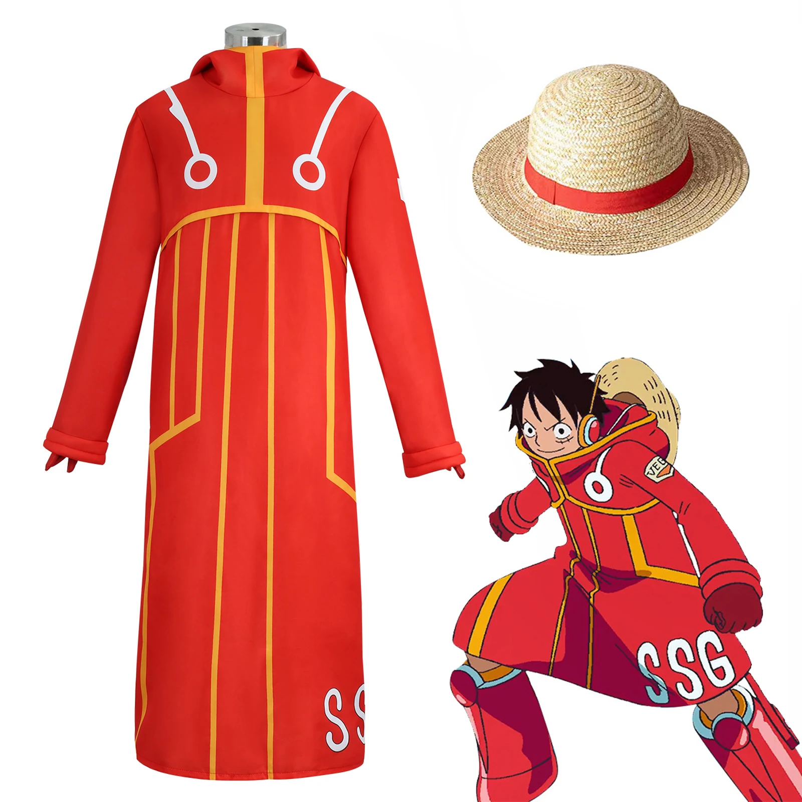 

Luffy косплей один костюм аниме Egghead костюм Маскировка для взрослых мужчин женщин пальто шляпа фантазия наряды Хэллоуин
