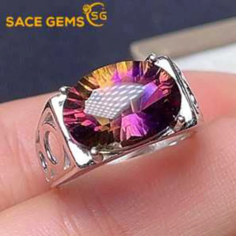 

SACE GEMS Fashion Resizable 12*16MM Natual Ametrine Rings for Man 925 Sterling Silver Wedding Party Fine Jewelry Festival Gift