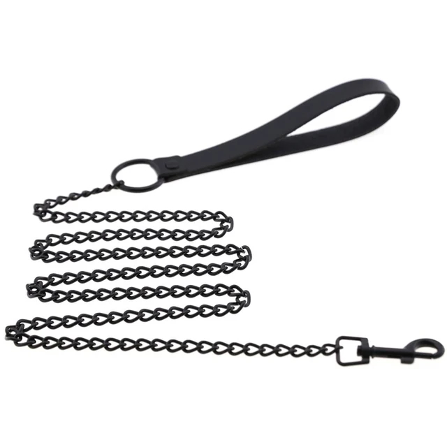Leather Handle Chain Dog Durable Metal Chew Proof Dog Training Leash 115cm Heavy Duty Anti-bite Dog Giant Chain Leash with 2