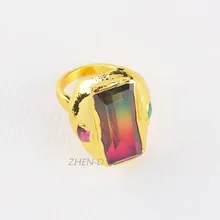 

ZHEN-D Jewelry Nice Luster Rainbow Zirconia Rectangle CZ Finger Ring Gold Plated Adjustable Dating Party Rings Gift for Women