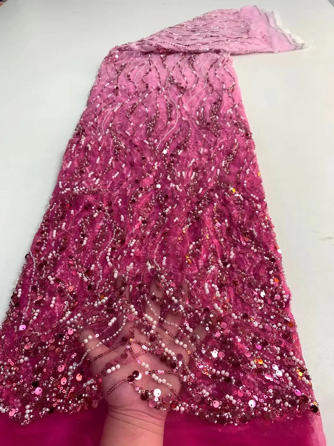 Latest Luxury Sequins Tulle Lace African Handmade Beaded Lace French 2022 High Quality Fabric Nigeria Bride Wedding Dress Sew