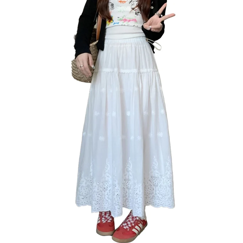 Korean Style Sweet Summer A-Line Maternity Skirt Drawstring Waist Hollow Out Embroideried Lace Pregnant Woman Skirt Breathable