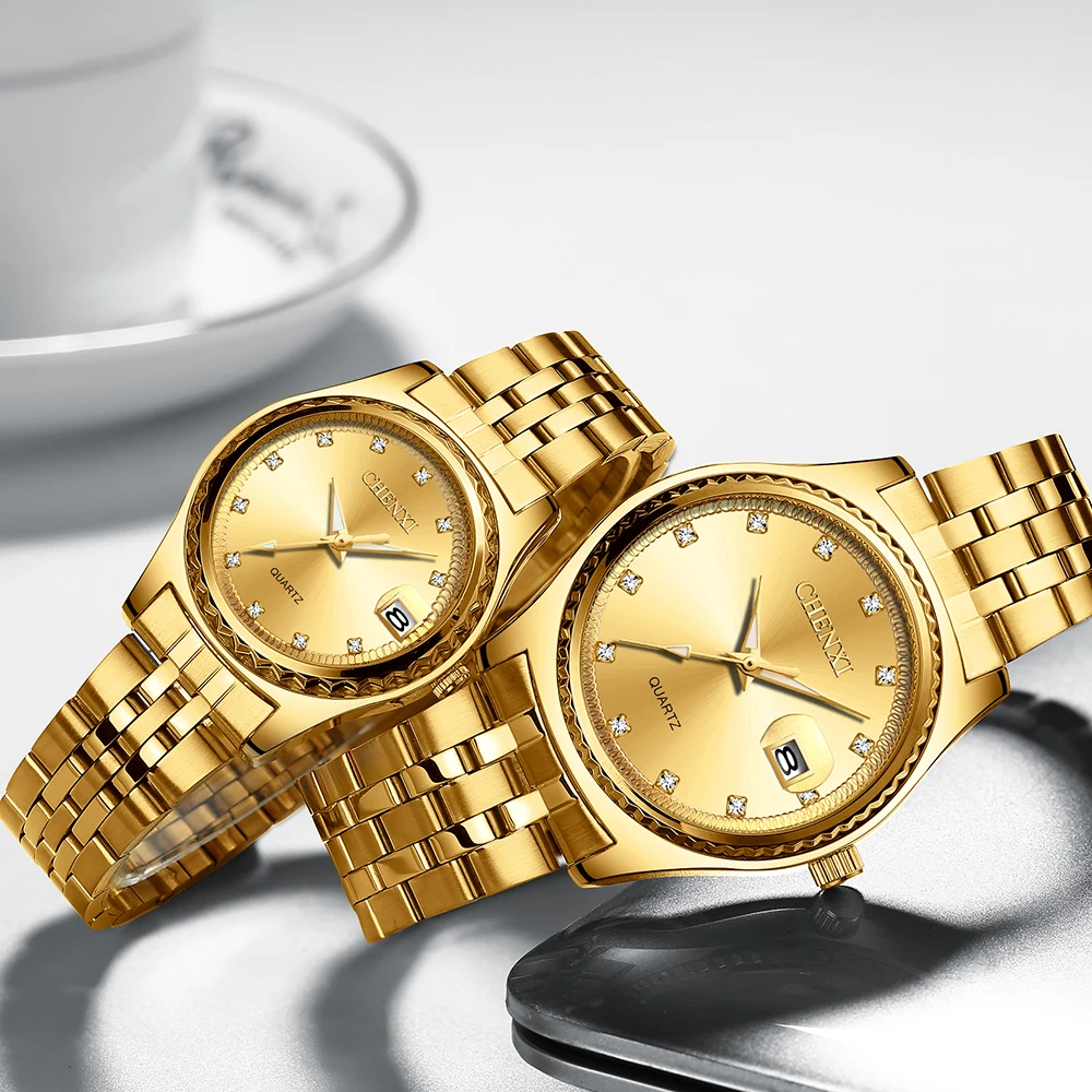 CHENXI Brand Ladies Clock Steel Strip Gold Watch Men Date Quartz Wristwatch Gift Couple Watches Pair Men And Women Free Shipping