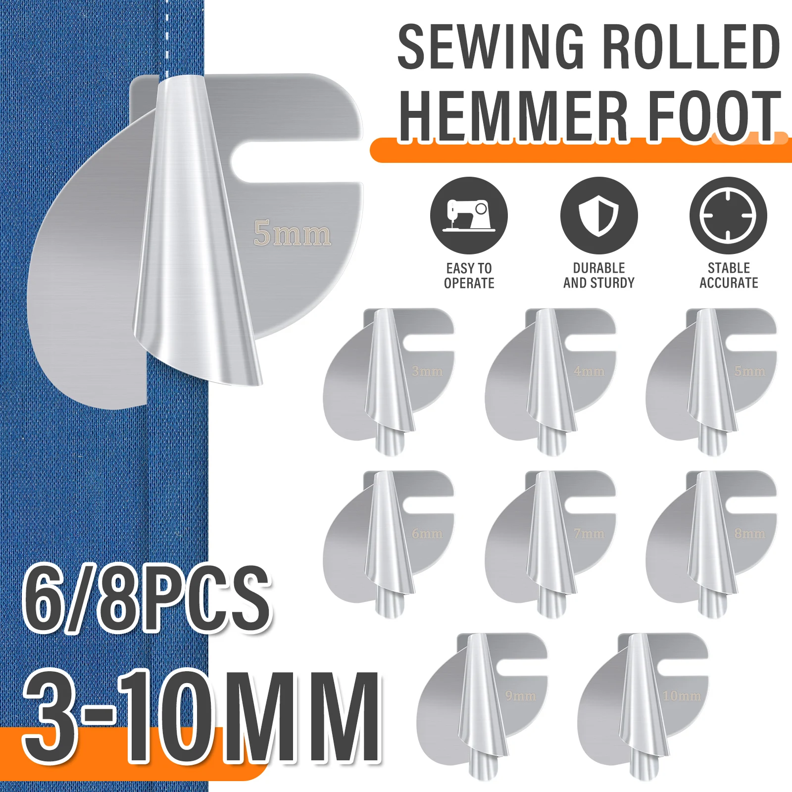 

6/8Pcs Sewing Rolled Hemmer Foot 3 to 8mm Spiral Presser Foot Stainless Steel Sewing Rolled Hem Presser Foot Kit Easy Rolled Hem