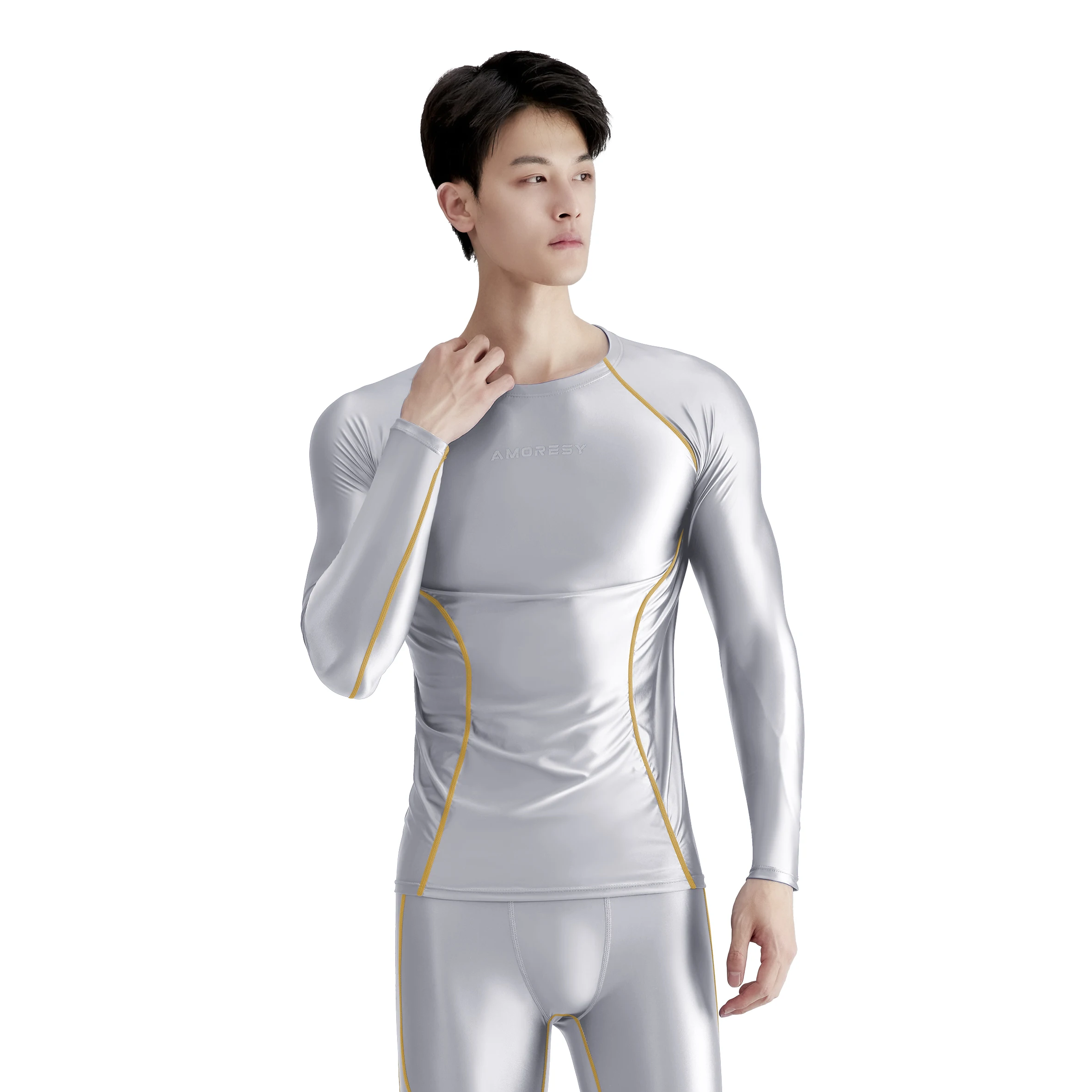Round neck tight long sleeve T-shirt for men gloss compression sports Fitness spandex
