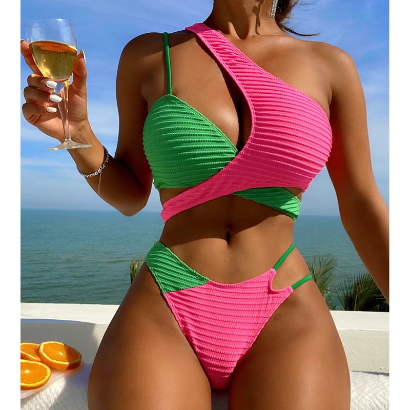 

Women's Colorblock Criss Cross Swimsuit High Cut Thong Bikini Set One Shoulder Bathing Suit