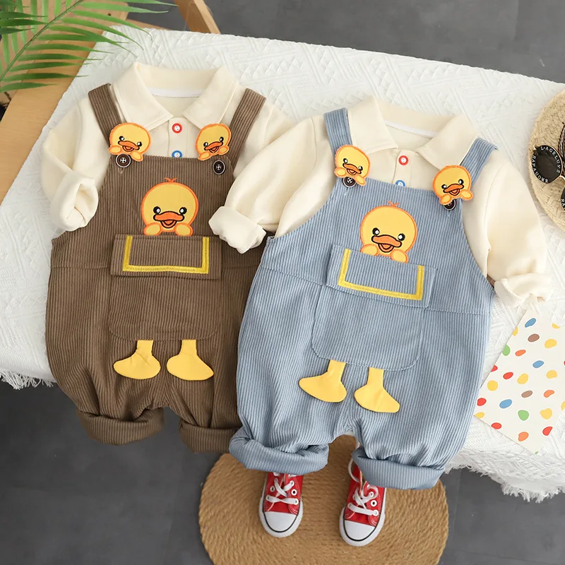 

2023 New Boys Autumn Suit Handsome Cartoon Long-Sleeved Sweater + Overalls Two-Piece Outfits Boys Clothes Kids Set 1-5 Years