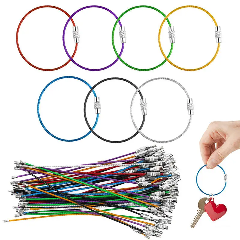 Multi Color Random Stainless Steel Wire Cable Rope Luggage Screw Lock Ring Key Keyring Loop Circle Hang Keychain Chain Tag