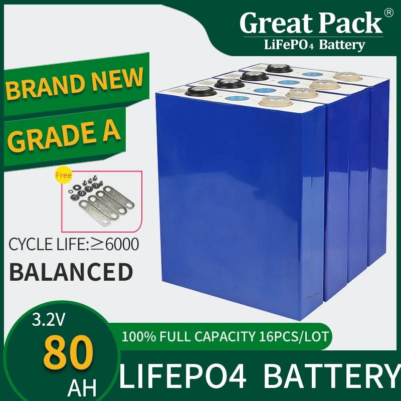 

100% Full Capacity 16PCS 3.2V 80Ah Brand New Grade A LiFePO4 Battery Cell Rechargeable Deep Cycle Lithium Ion Solar Power Bank