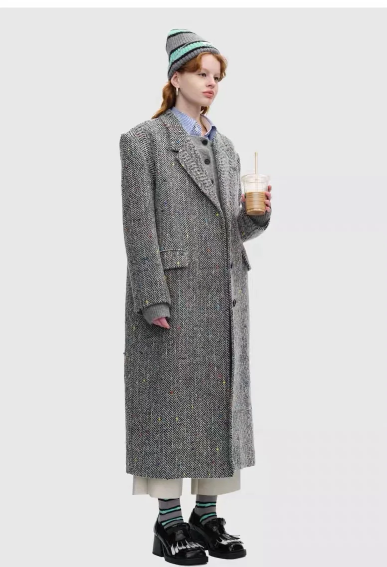 

Ретро Классическая ткань средней длины с узором в елочку для женского пальто, Вельветовая ткань с контрастным разрезом