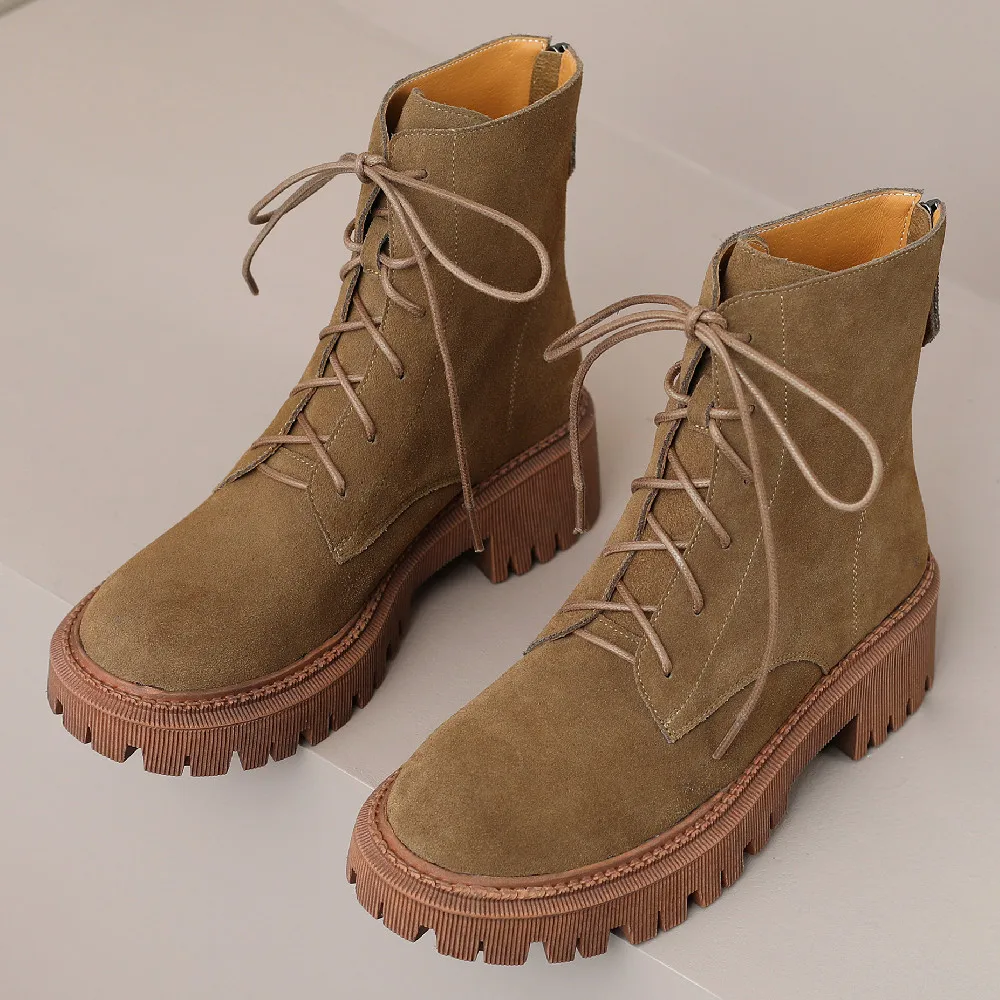 

Women's natural suede leather thick sole platform flats autumn ankle boots lace-up casual motorcycle short booties shoes women