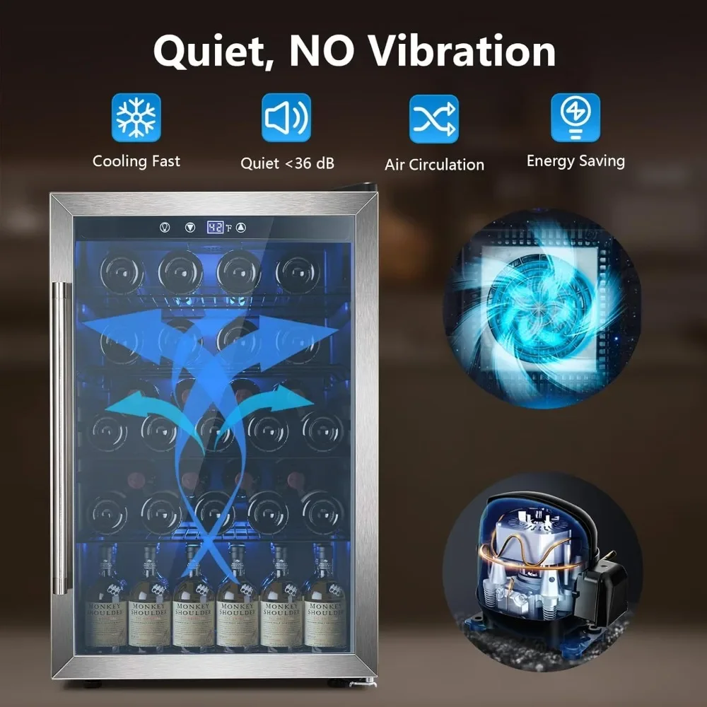 NEW-Wine Cooler 37 Bottle Freestanding Fridge with Stainless Steel Reversible Glass Door, 145 Can Beverage Refrigerator Quiet Co