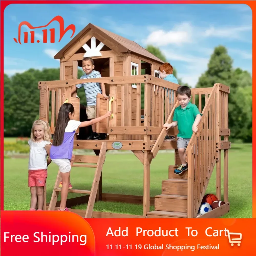 Discovery Scenic Heights All Cedar Wooden Playhouse, Upper Deck Cottage Style, Saloon Style Doors, Ladder, Stairs, Play Sink