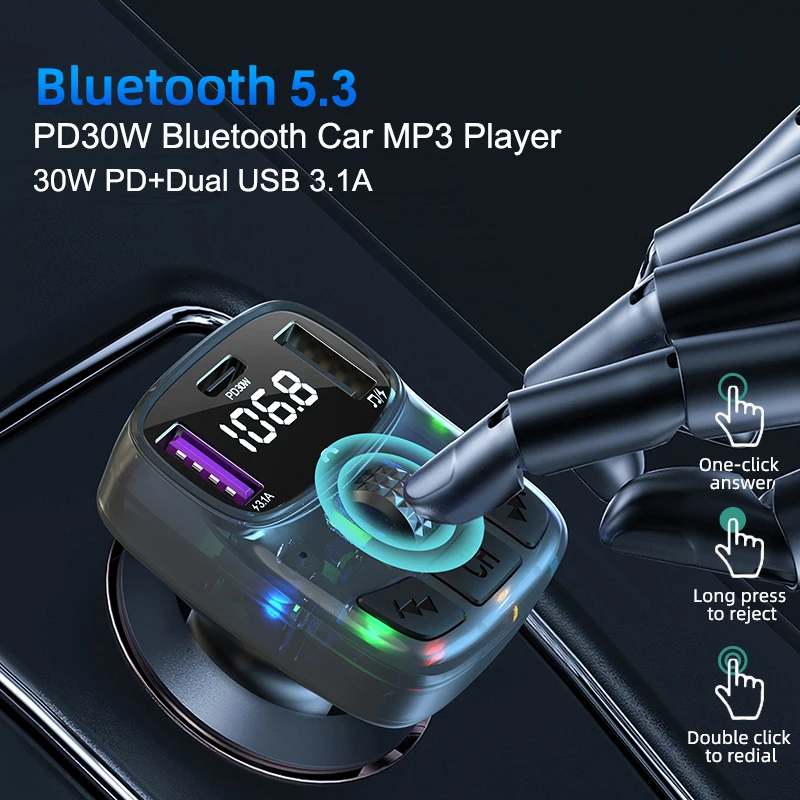 

Car Bluetooth 5.3 FM Transmitter PD 30W Type-C Dual USB 4.2A Fast Charger Ambient Light Handsfree Radio Modulator MP3 Player