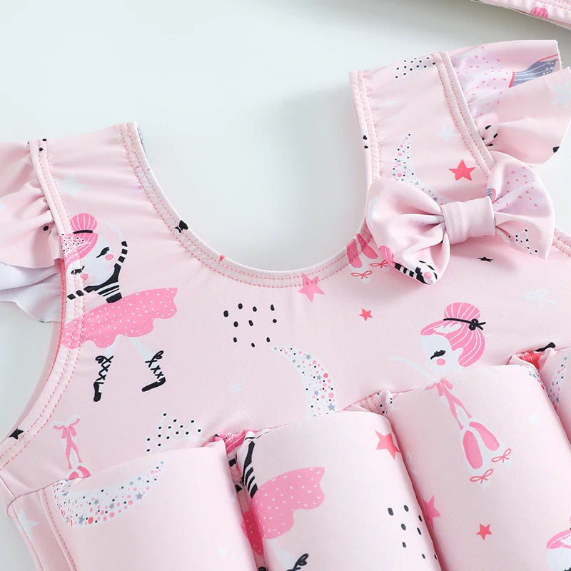 Children Buoyancy Swimsuit Kids Ruffles Sleeveless Swimming One Pieces with Cap Floating Swimming Wear
