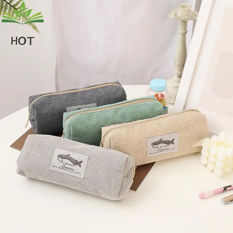 

1PC Pencil Case Shark Pencil Case Corduroy Pen Case Kawaii Stationery Large Capacity Pencilcase