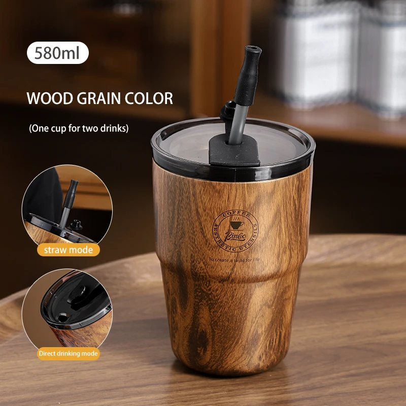BINCOO Wood Grain Coffee Mug American Style Portable Thermal Cup