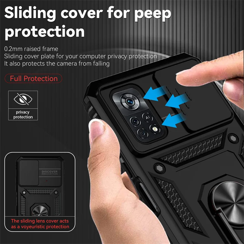 Enhanced Armor Case with Slide Window Lens Protector and Magnetic Holder Ring for Xiaomi Poco X4 Pro 5G
