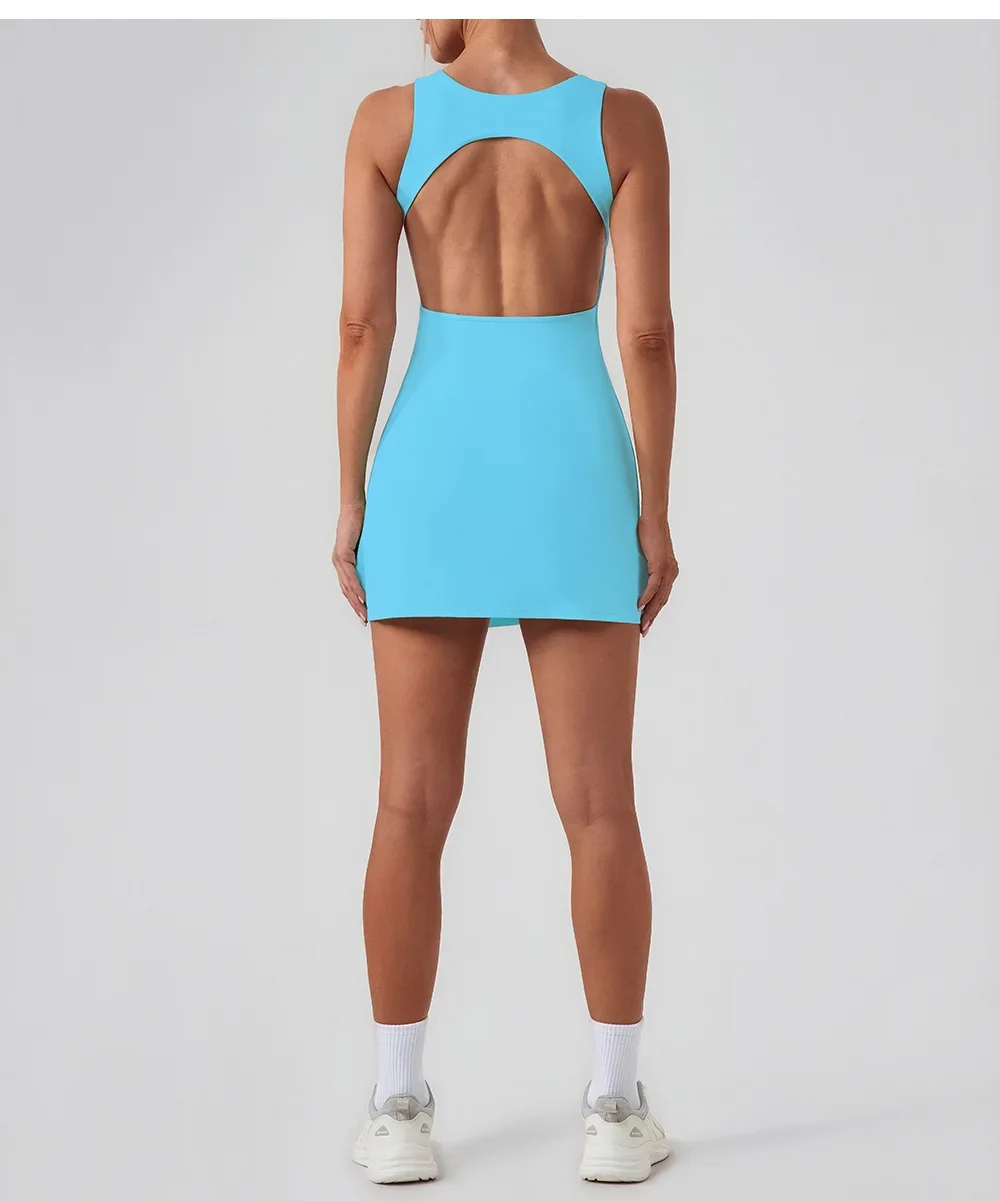 Backless Sports Tennis Dress with Shorts and Pockets Hollow Out Workout Golf Wear Women Badminton Running Suit Tenis Feminino