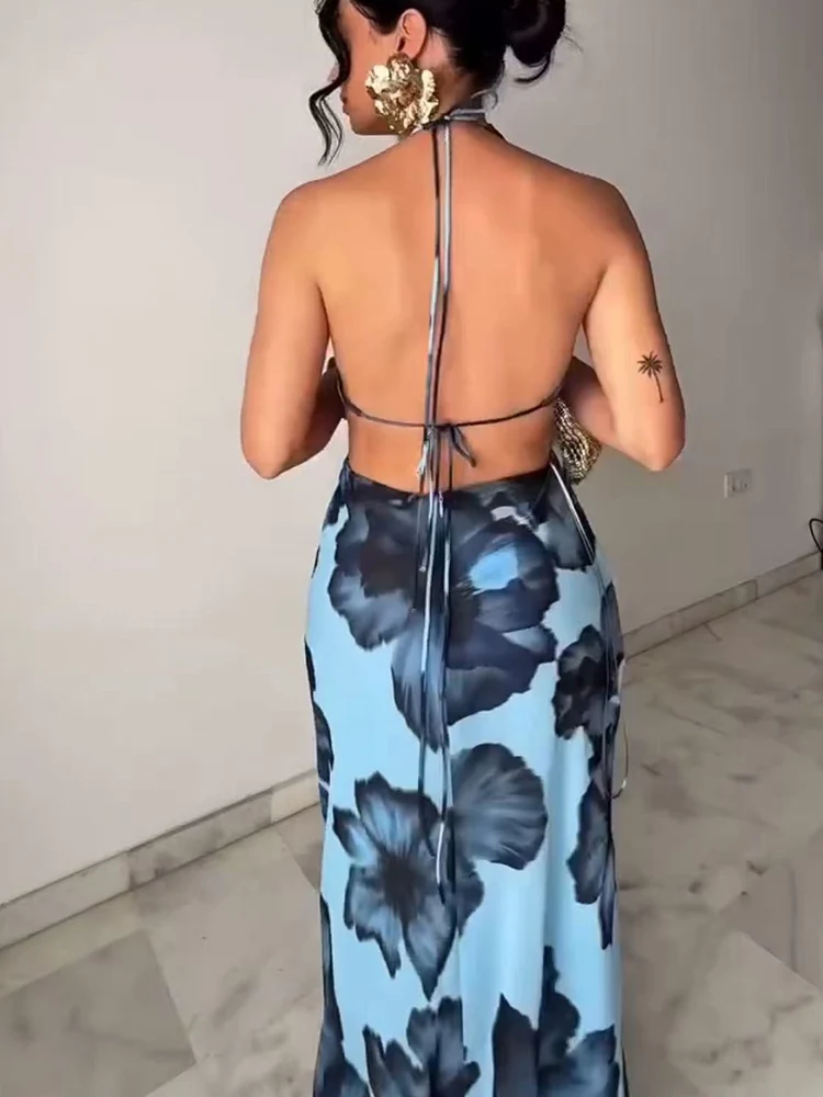 TFMLN Women Halter Dress New Summer Sexy Backless Floral Print V-Neck Dresses Streetwear Fashion Halter Lace-up Dress Clothing
