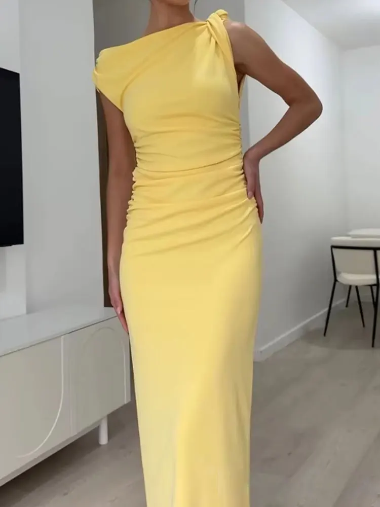 HH Women Elegant Yellow Draped Midi Dresses Summer Off Shoulder Sleeveless Dress 2025 Holiday Party Evening Dress Vestidos