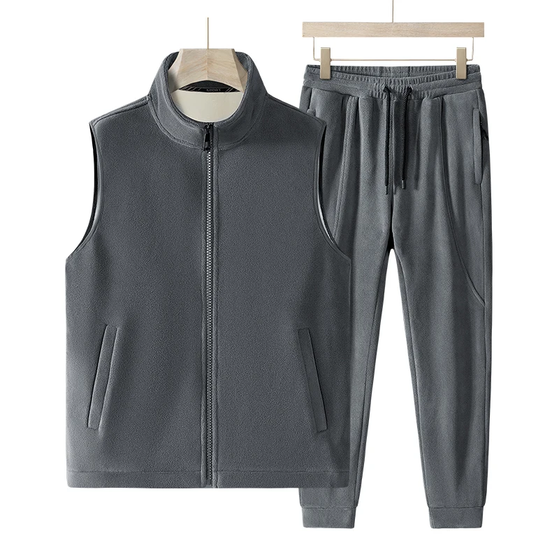 8XL Men Solid Color Casual Sets New Men's Vest + Pants 2 Piece Tracksuit  Lamb Cashmere Winter Wool Sportswear Set Big Size