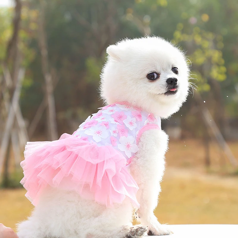 Floral Dog Dresses for Girl Small Medium Dogs Cats Summer Cute Flowers Lace Puppy Princess Skirt Wedding Birthday Party Pet Clothes, Pink