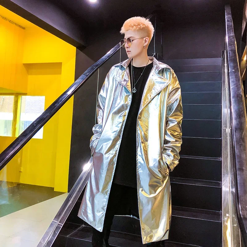 

Mens Shiny Gold Trench Coat Nightclub DJ Dancer Stage Performance Glossy Windbreaker Hip Hop Harajuku Streetwear