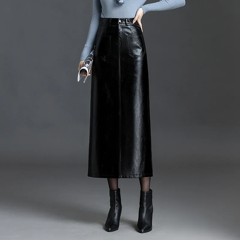 ZUZK Women Long PU Leather Bodycon Skirts New Fall Winter Front Slit High Waist Straight Fashion Skirt Pocket Warm Pu Skirt