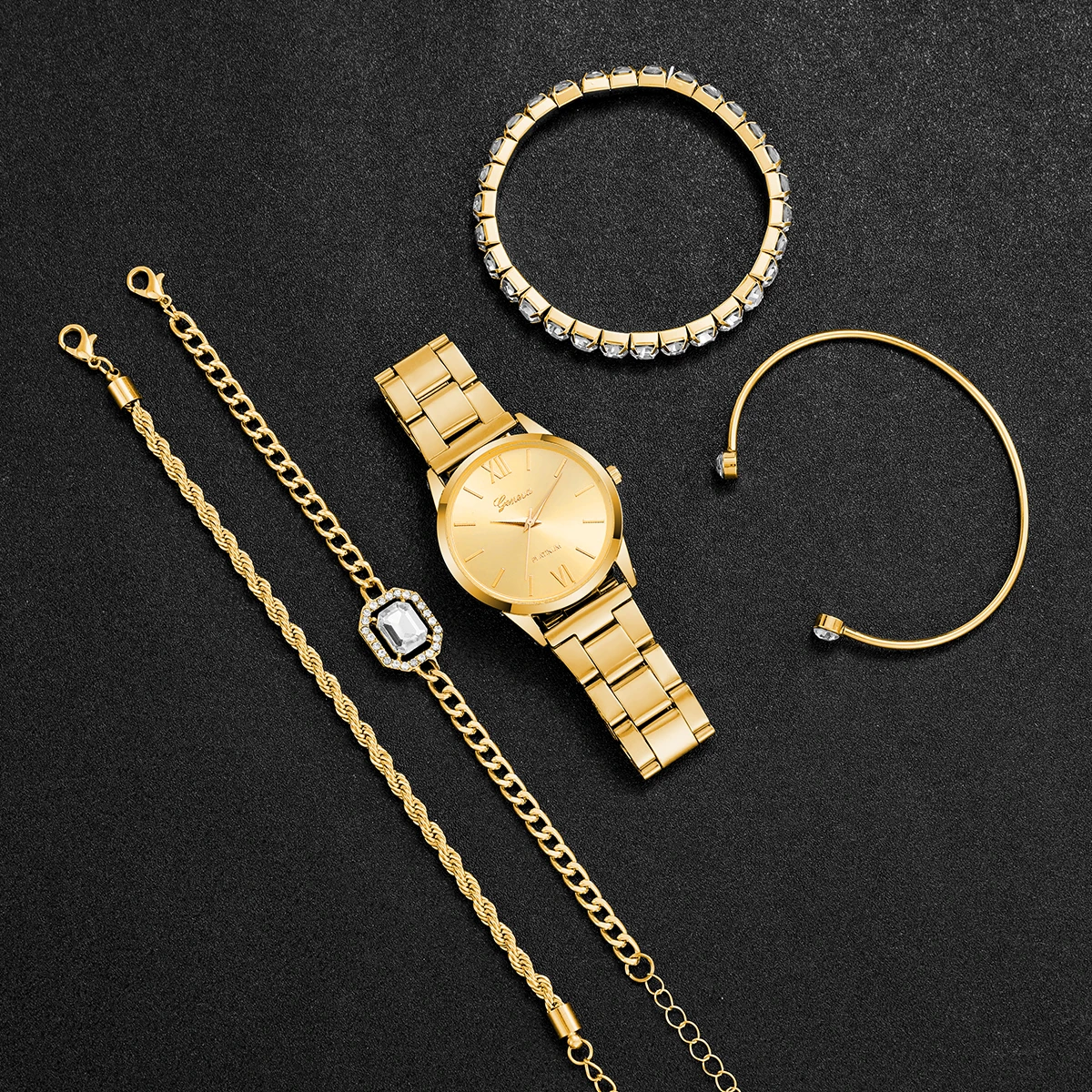 5PCs/Set Women's Luxury Watch Trend Simple Elegant Quartz Analog Watch Inlaid With Diamond Bracelet(Box not included)