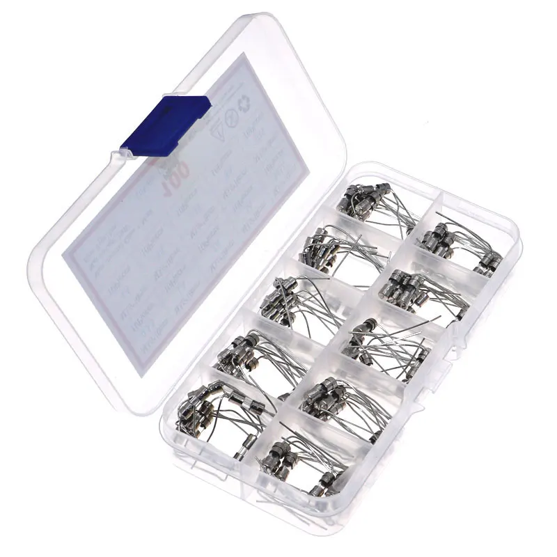 100pcs 10value 3.6*10mm 250V Double Iron Cap Axial Slow Glass Fuse kit Box With Lead Wire 0.5A 1A 2A 3A 3.15A 4A 5A 6.3A 8A 10A glass fuse kit